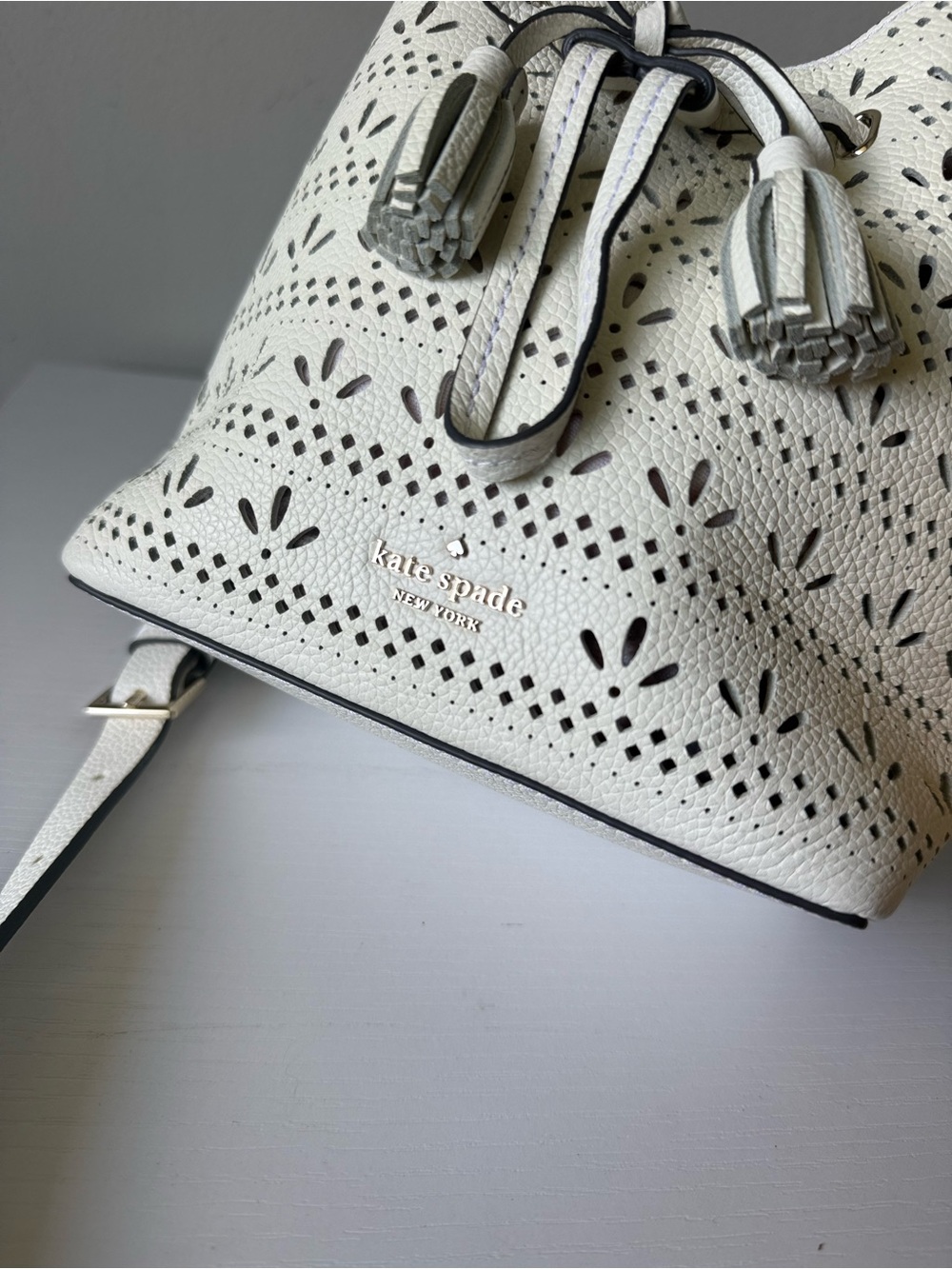 kate spade White Perforated Leather Drawstring Bucket Bag - Picture 5 of 11